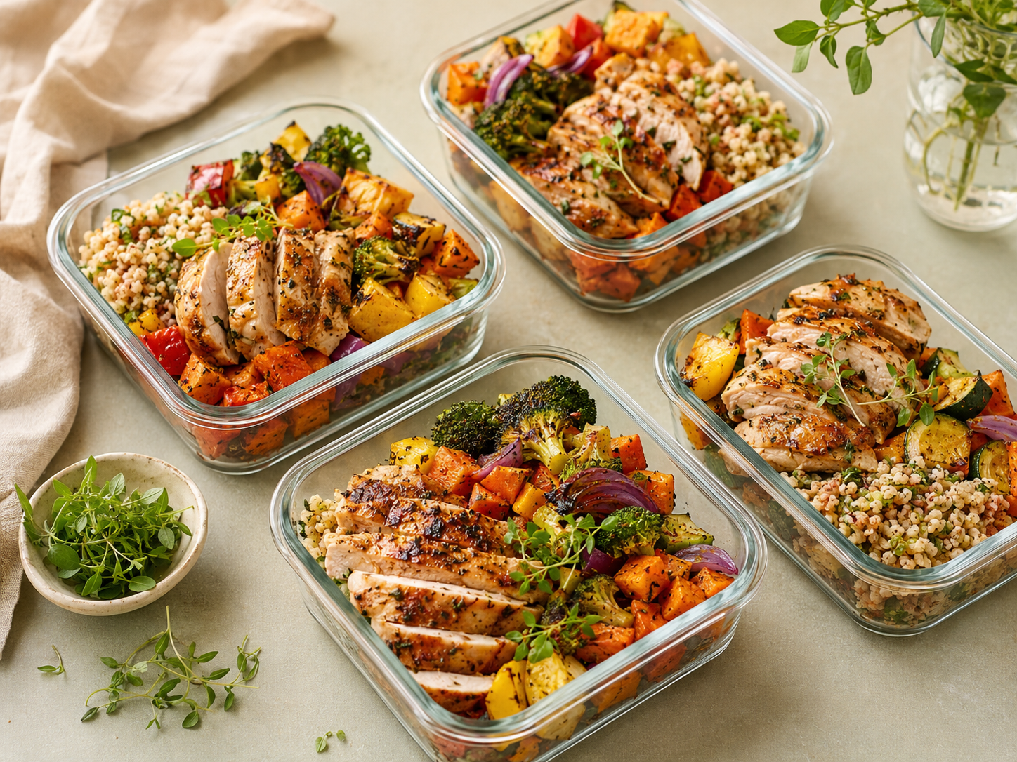 Colorful chef-prepared weekly meals in glass containers