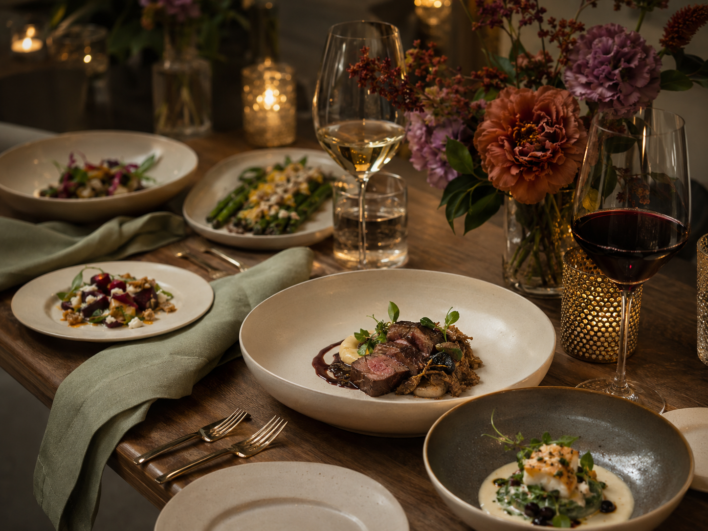 An intimate candlelit supper club tablescape